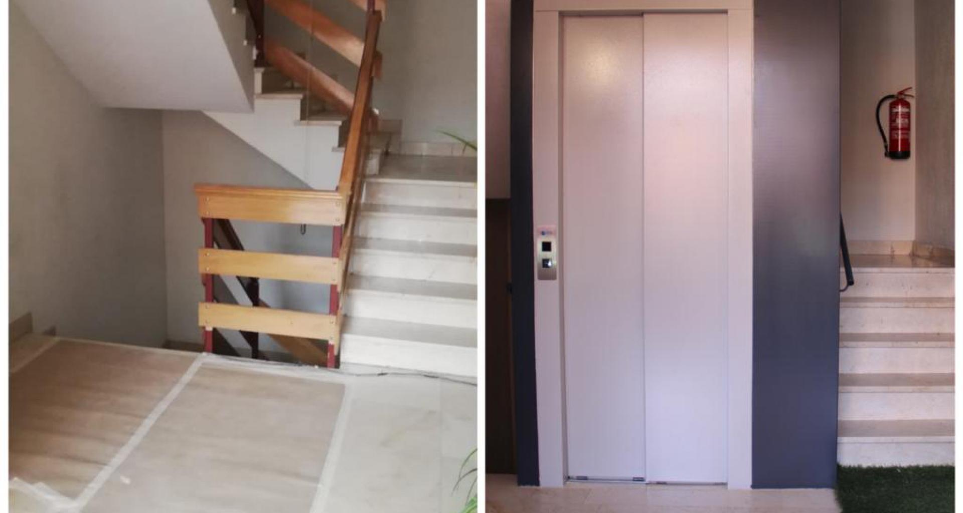 Antes y despues de Instalación de ascensor eléctrico por hueco de escalera